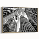 Framed canvas of Rockefeller Center in muted gold and black tones, vintage poster style, ideal for bedroom wall art.