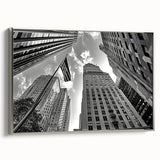 Framed canvas featuring a vintage-style New York City skyline in black with colorful accents, ideal for office decor.
