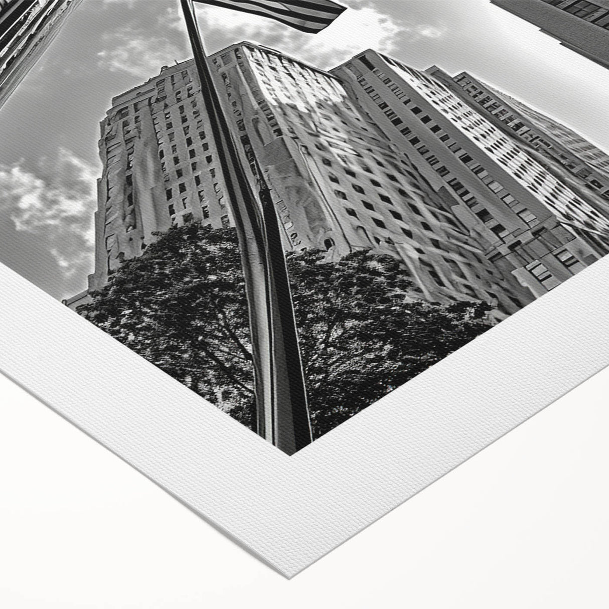 Art deco poster of New York City skyline in muted gray and blue tones on rolled canvas, suitable for dining room wall art.