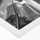 Art deco poster of New York City skyline in muted gray and blue tones on rolled canvas, suitable for dining room wall art.