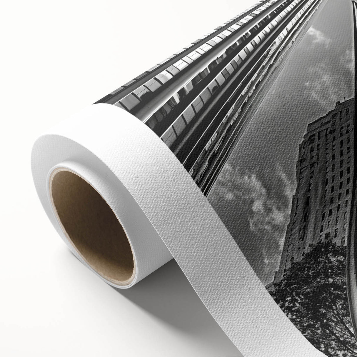 Art deco poster of Rockefeller, NY in muted blue and beige tones on rolled canvas, ideal for nursery wall art.