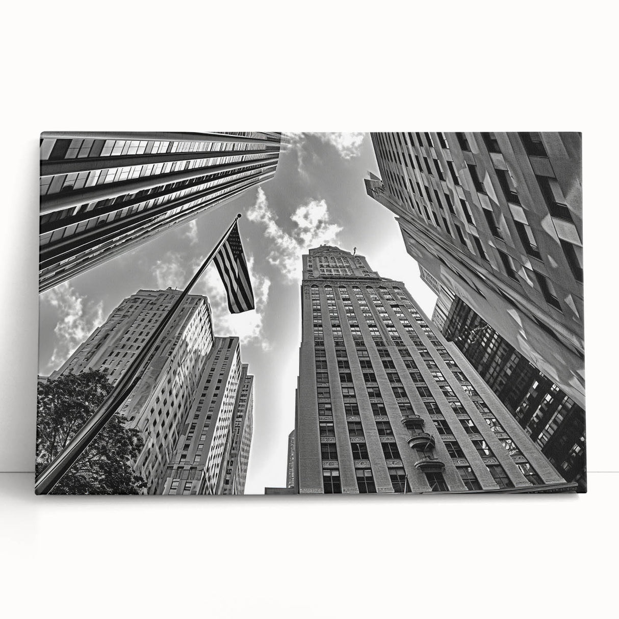 Black and white photograph of NYC from Rockefeller Center on stretched canvas, suited for kitchen wall art or bedroom.