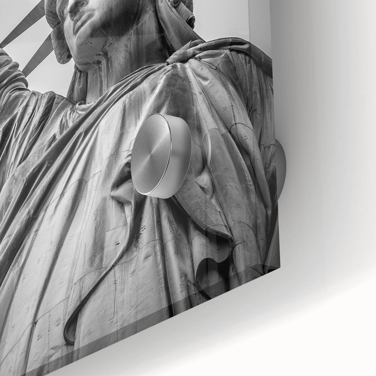 Acrylic print of the Statue of Liberty in muted green and blue tones.