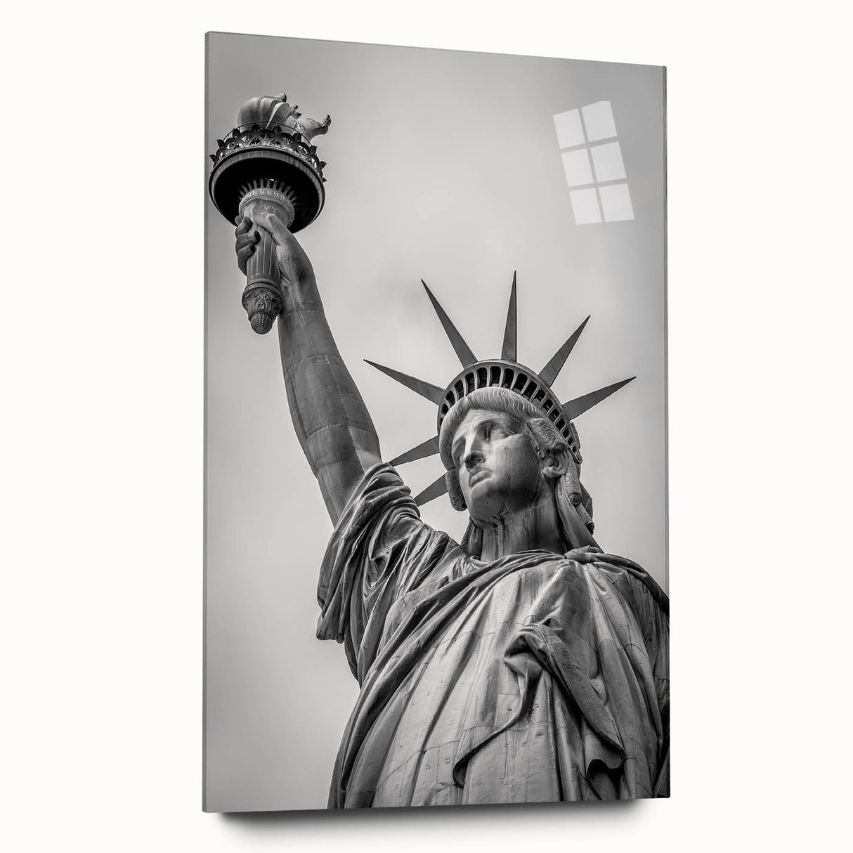 Acrylic print of the Statue of Liberty in muted green and blue tones, ideal for modern bedroom or dining room decor.