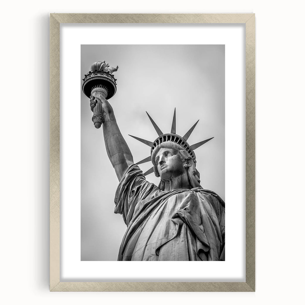 Extra large abstract art print of the Statue of Liberty in muted green and gray tones, framed in silver.