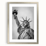 Extra large abstract art print of the Statue of Liberty in muted green and gray tones, framed in silver.