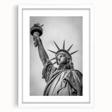 Textured art print of the Statue of Liberty in abstract style with muted green and blue tones on a framed white mat.