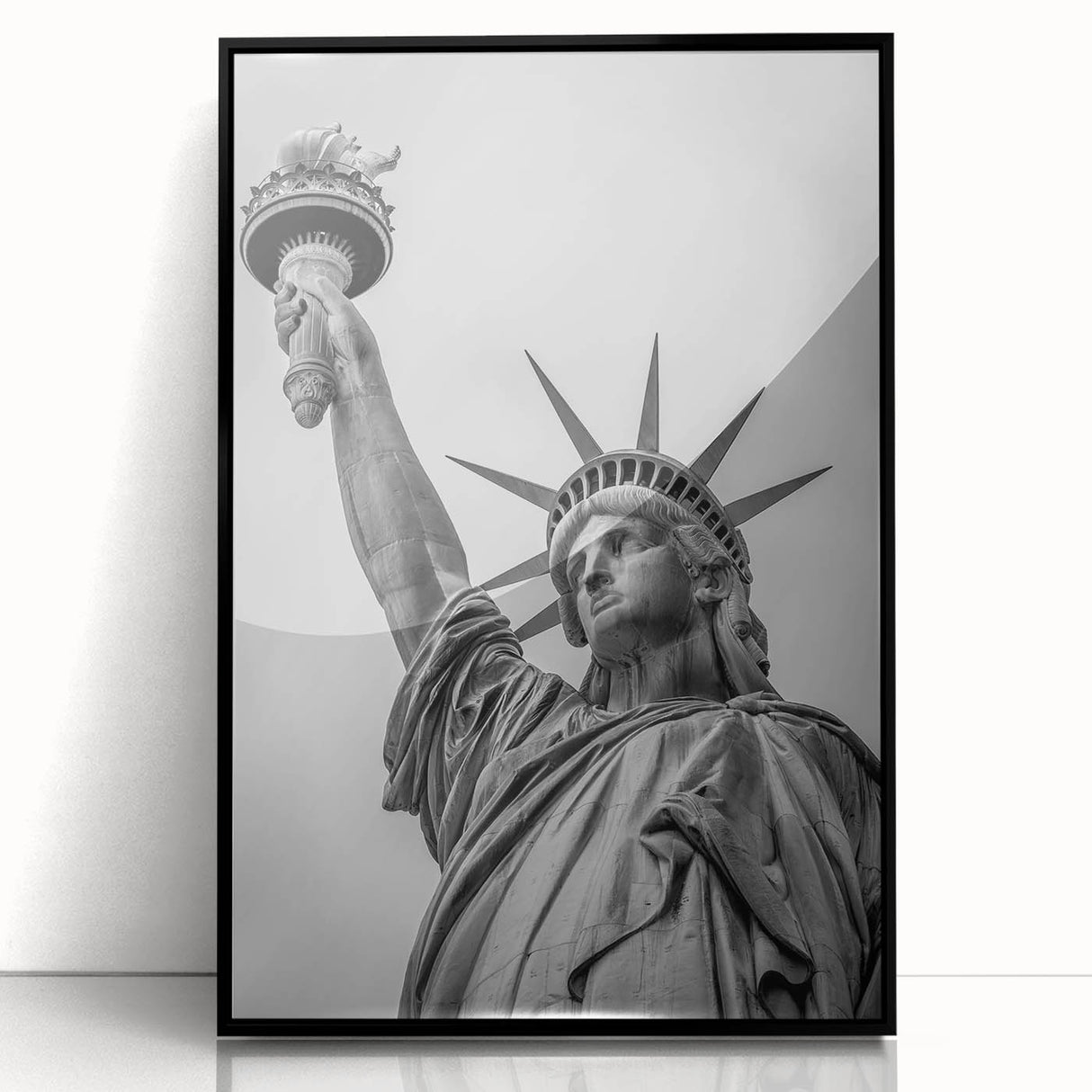Acrylic print of the Statue of Liberty in art deco style, with a black frame, suitable for modern nursery decor.