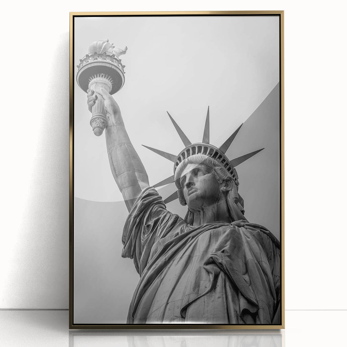 Large abstract wall art of the Statue of Liberty in gold tones on a framed acrylic panel, suitable for modern art wall decor.
