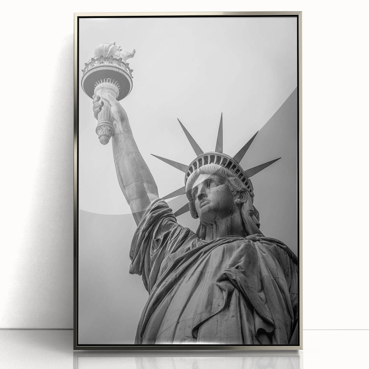 Framed acrylic print of the Statue of Liberty in muted green and gray tones, in a mid-century modernist style.