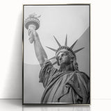 Framed acrylic print of the Statue of Liberty in muted green and gray tones, in a mid-century modernist style.