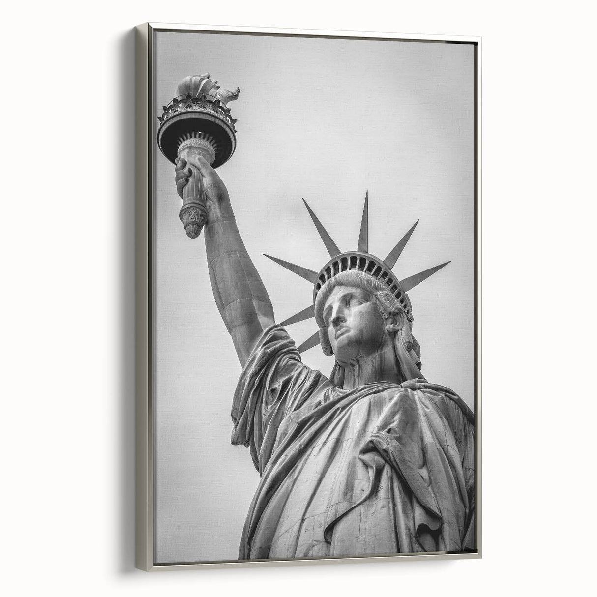 Framed canvas of the Statue of Liberty with a colorful abstract background, ideal for modern living room decor.