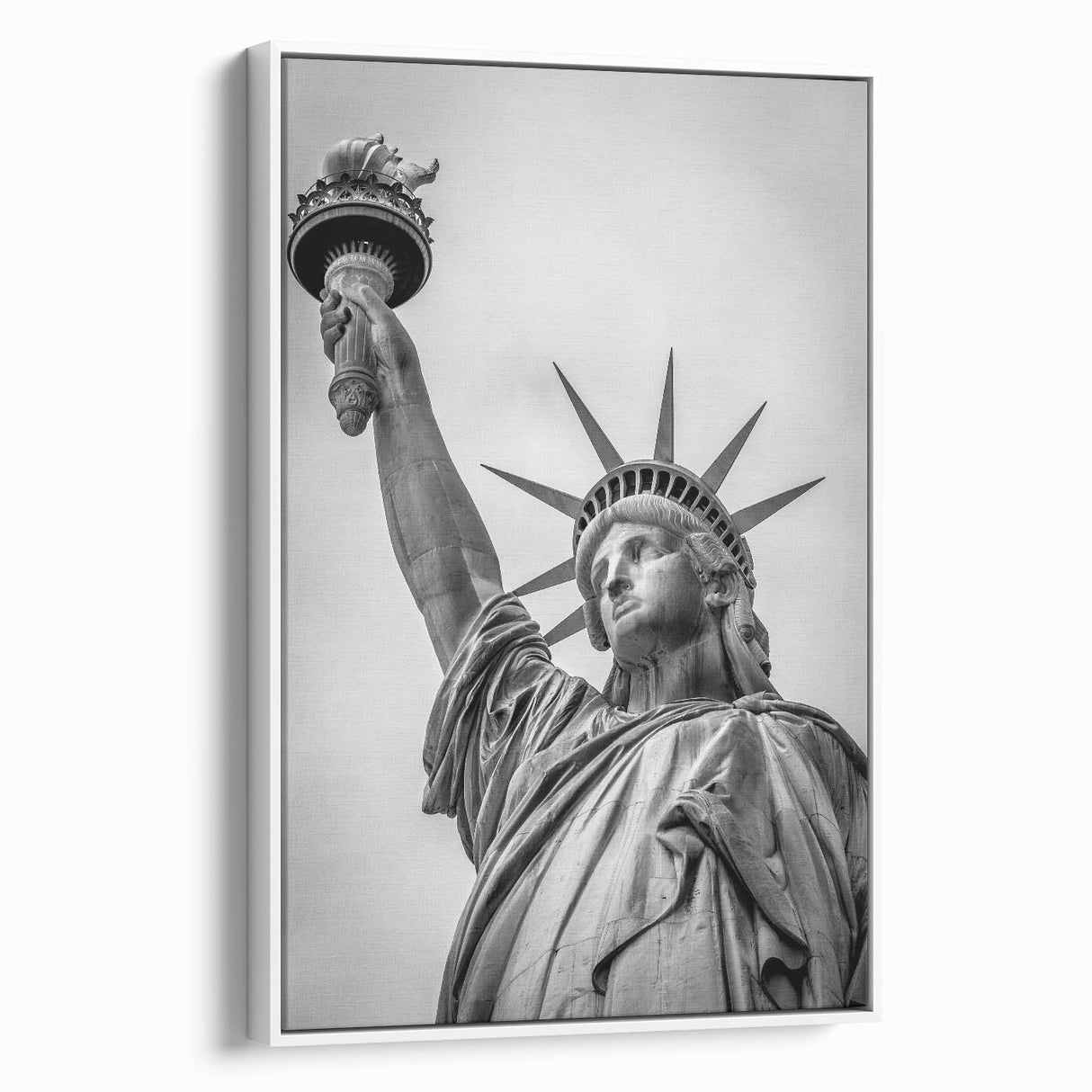 Vintage poster art of the Statue of Liberty in colorful tones on a framed canvas, ideal for living room decor.
