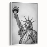 Vintage poster art of the Statue of Liberty in colorful tones on a framed canvas, ideal for living room decor.