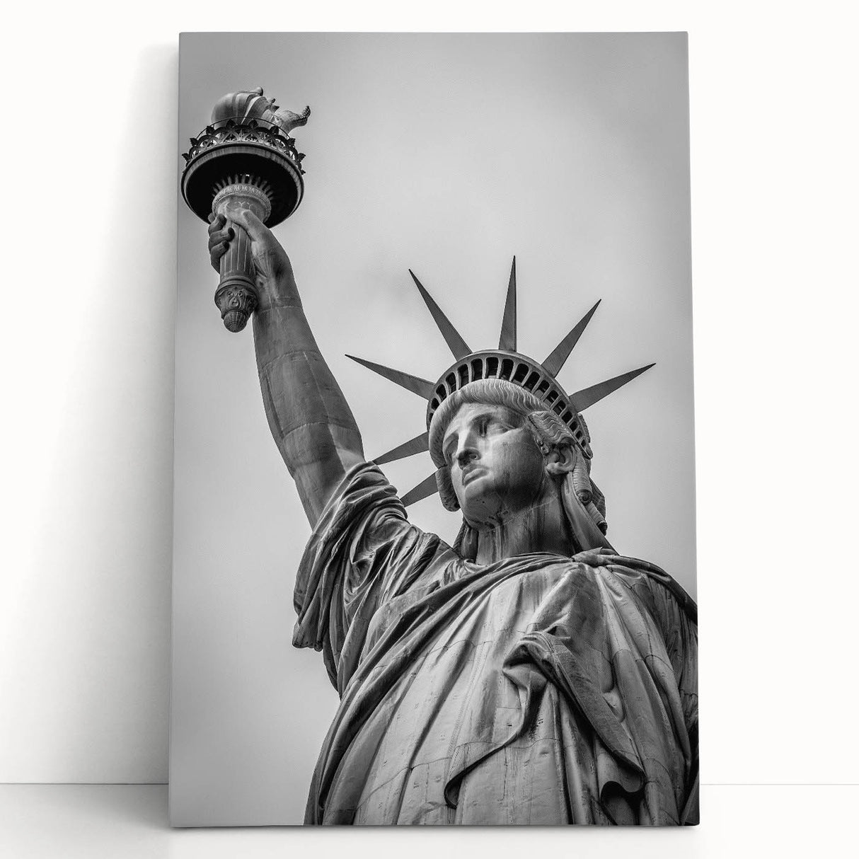Black and white stretched canvas of the Statue of Liberty, ideal for kitchen wall art.