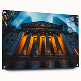 Acrylic print of a large abstract depiction of NYC, with vibrant blue and orange tones.