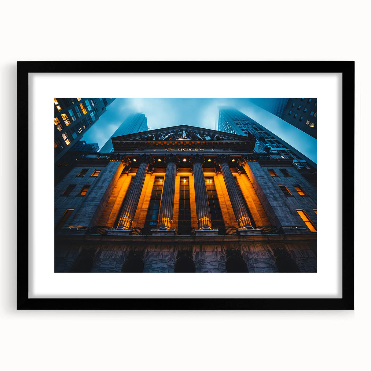 Colorful abstract art print of NYC skyline with textured brush strokes on a large black-framed canvas.