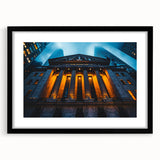 Colorful abstract art print of NYC skyline with textured brush strokes on a large black-framed canvas.