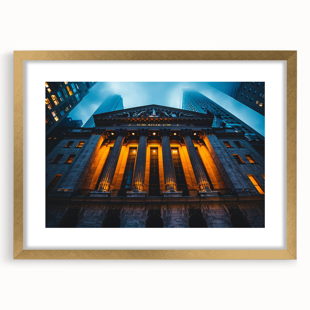 Extra large abstract art print of NYC skyline in textured gold frame, ideal for living room decor.
