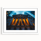 Abstract art print of New York City skyline in muted gray tones on a framed white mat, suitable for dining room decor.