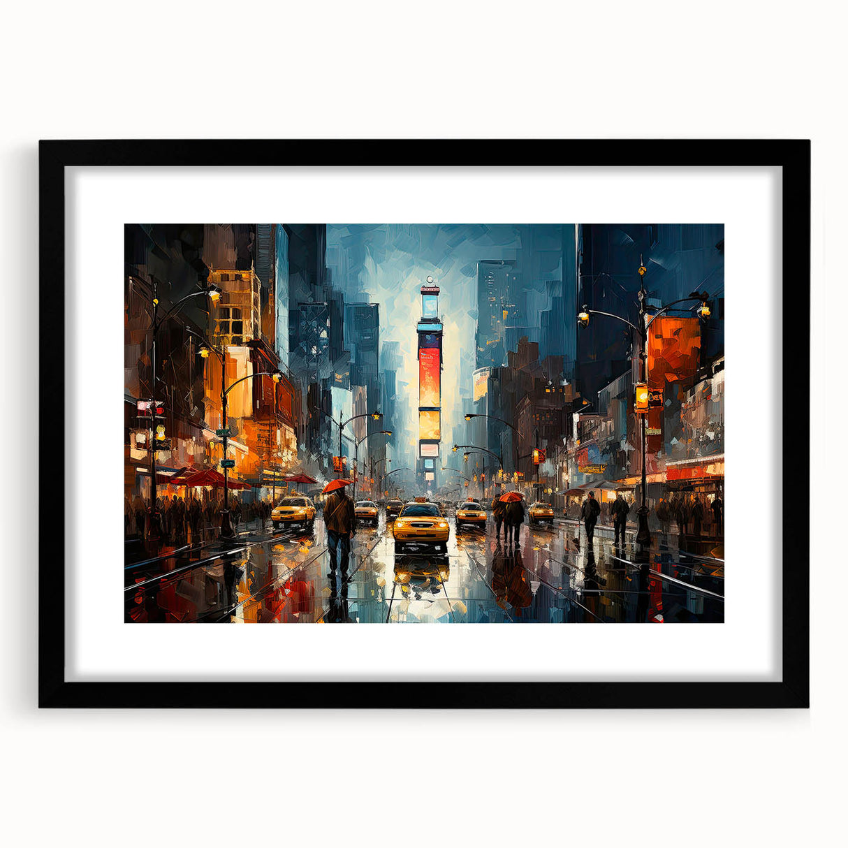 Extra large framed print of an abstract Times Square scene in vibrant, colorful hues, ideal for living room decor.