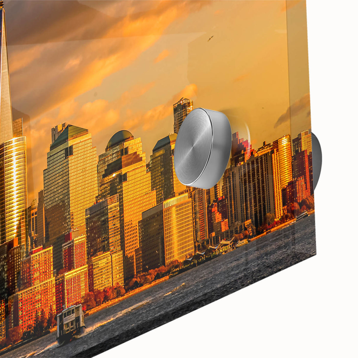 Acrylic print of a large abstract depiction of NYC's skyline in muted gray, ideal for dining room art.