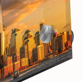 Acrylic print of a large abstract depiction of NYC's skyline in muted gray, ideal for dining room art.