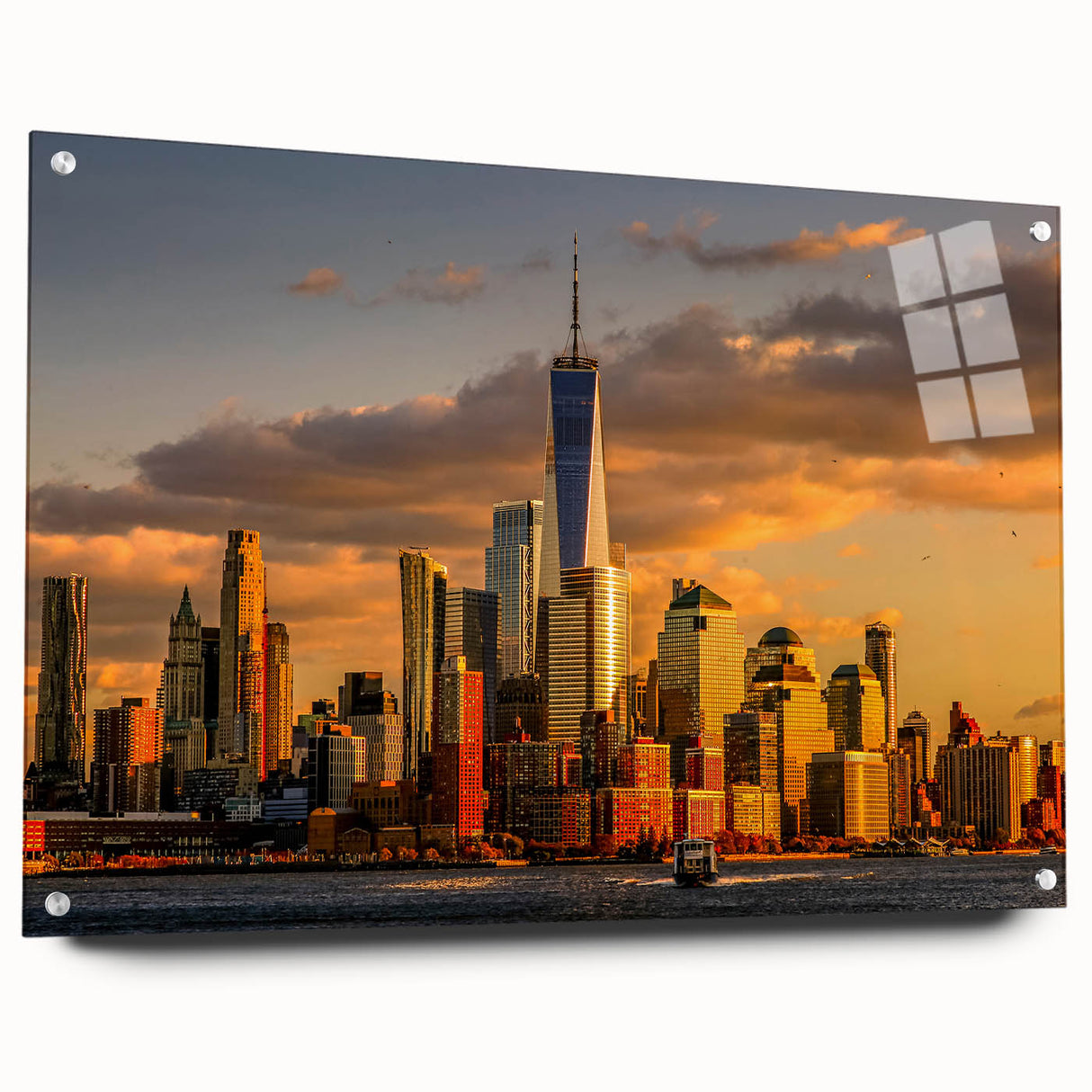 Acrylic print of New York City skyline in muted gray tones, suitable for dining room or bedroom decor.