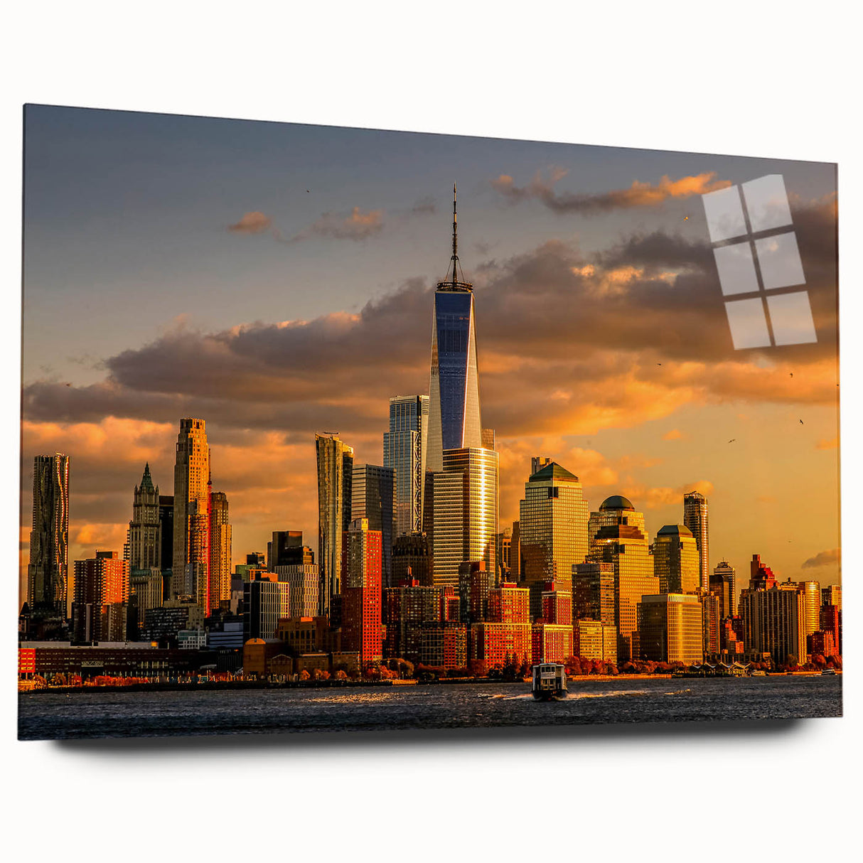 Acrylic print of the NYC skyline in muted grays, ideal for bedroom or dining room art.