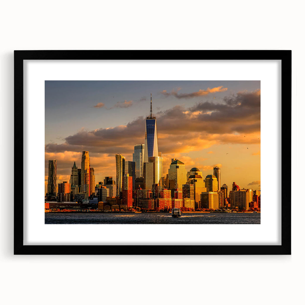 Extra large abstract art print of NYC skyline in colorful, textured strokes on a black framed canvas.