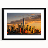 Extra large abstract art print of NYC skyline in colorful, textured strokes on a black framed canvas.