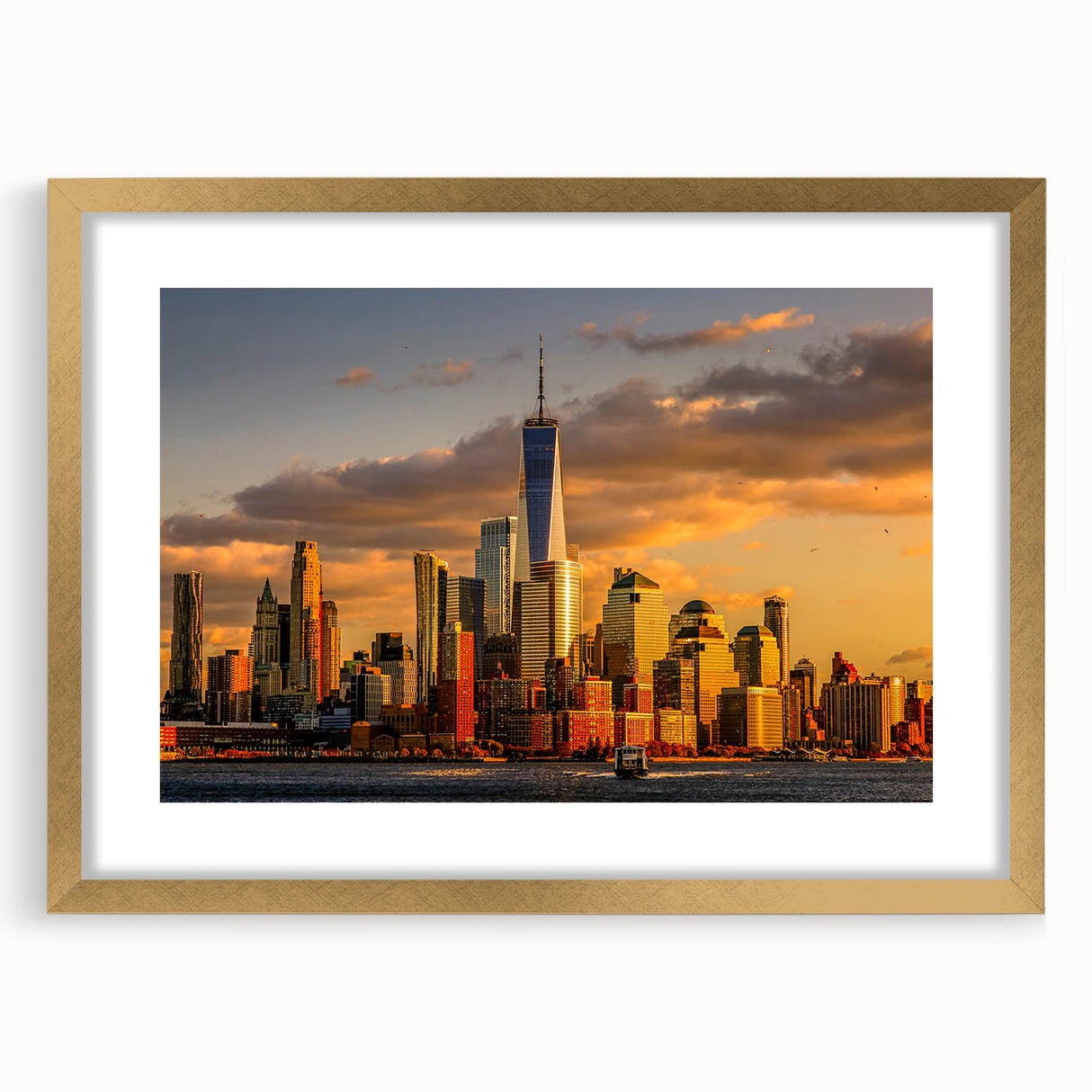 Extra large abstract art print of NYC Trade Center in textured tones, framed in gold, ideal for living room decor.
