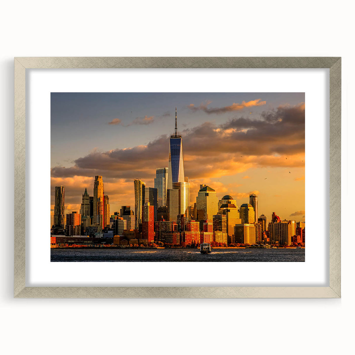 Textured abstract art print of NYC skyline in muted gray tones on a framed silver mat, ideal for bedroom art.