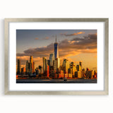 Textured abstract art print of NYC skyline in muted gray tones on a framed silver mat, ideal for bedroom art.