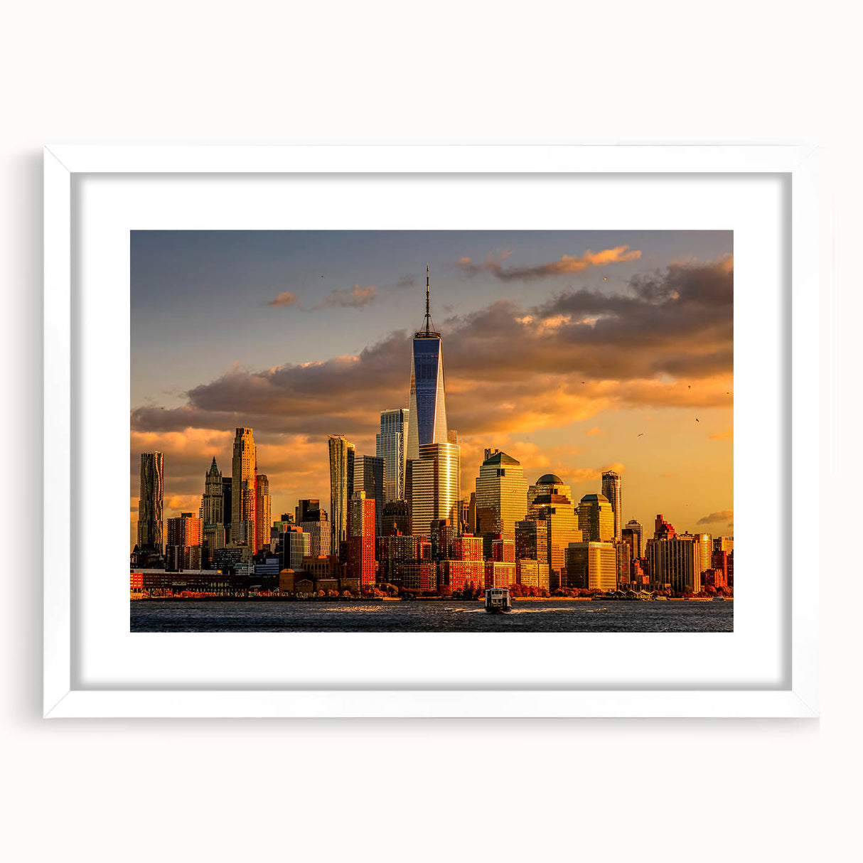 Abstract art print of NYC skyline in muted gray and blue tones on a white-framed poster.
