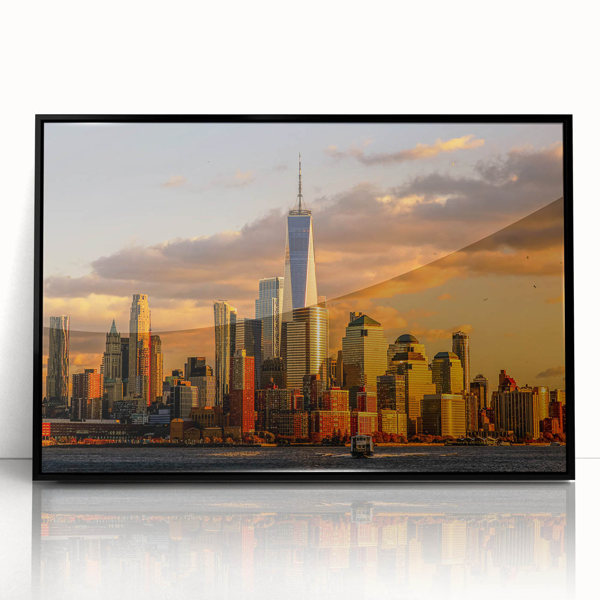 Large abstract wall art depicting NYC skyline in muted gray tones, framed in black acrylic.
