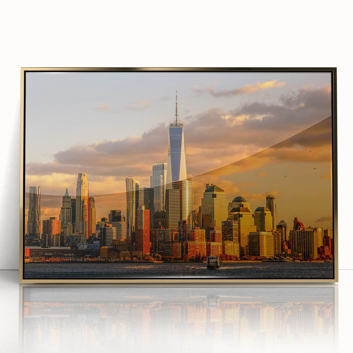 Acrylic print of the NYC skyline featuring the Trade Center in gold and black tones, ideal for modern art wall decor.