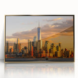 Acrylic print of the NYC skyline featuring the Trade Center in gold and black tones, ideal for modern art wall decor.