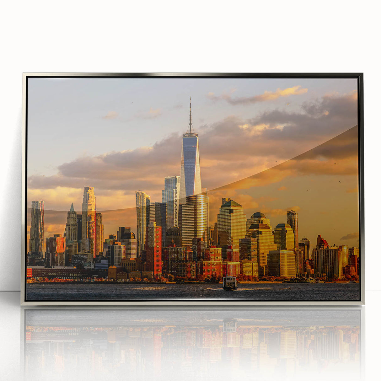 Mid-century modernist art depicting the NYC skyline in muted silver tones, framed acrylic, ideal for modern art wall decor.