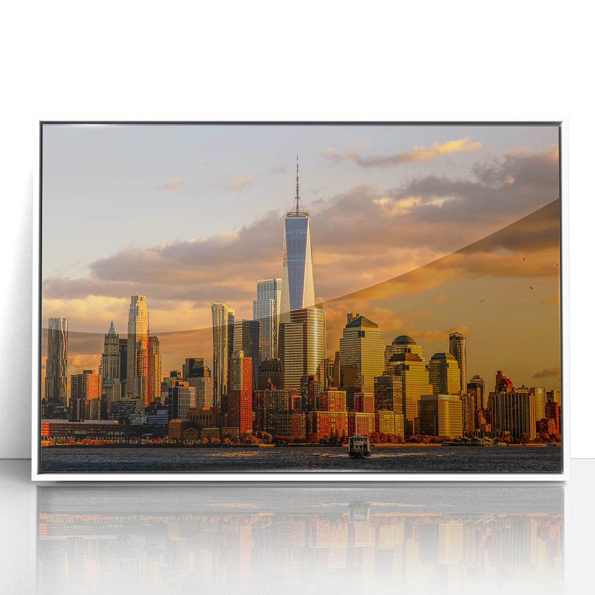 Acrylic print of New York City's skyline featuring the Trade Center in muted monochrome colors.
