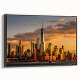 Black and white wall art featuring the New York City skyline with the Trade Center, presented on a framed canvas.