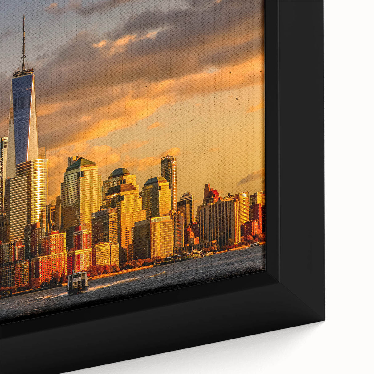 Black wall art featuring a textured depiction of the NYC skyline with colorful accents on a framed canvas.