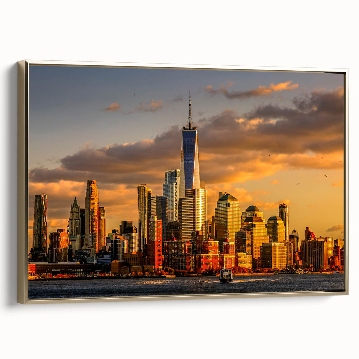 Framed canvas of NYC Trade Center in black and gold tones, vintage poster style, suitable for bedroom wall art.