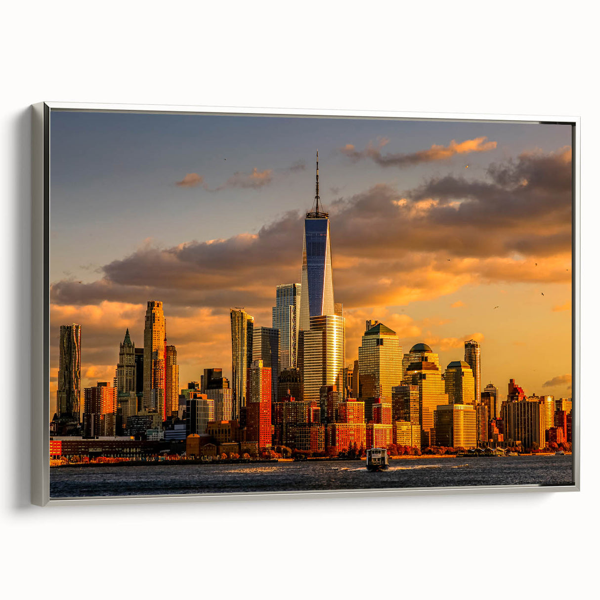 Framed canvas of New York City skyline with vibrant sunset colors, ideal for living room decor.