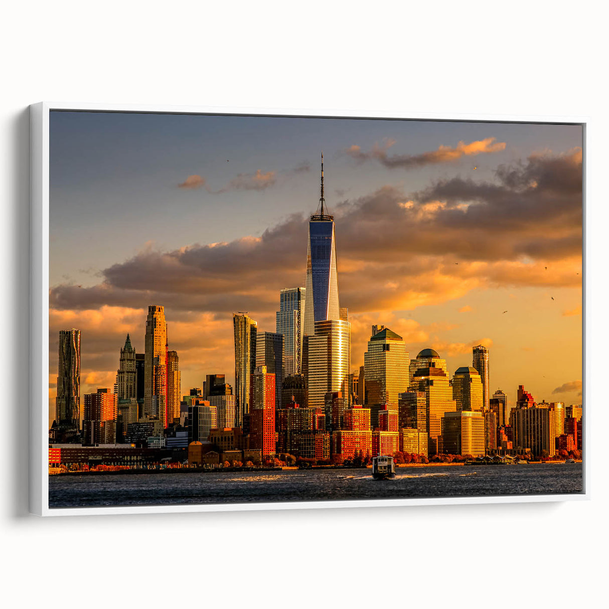 Vintage poster art of NYC Trade Center in colorful hues on a large framed canvas, suitable for living room decor.