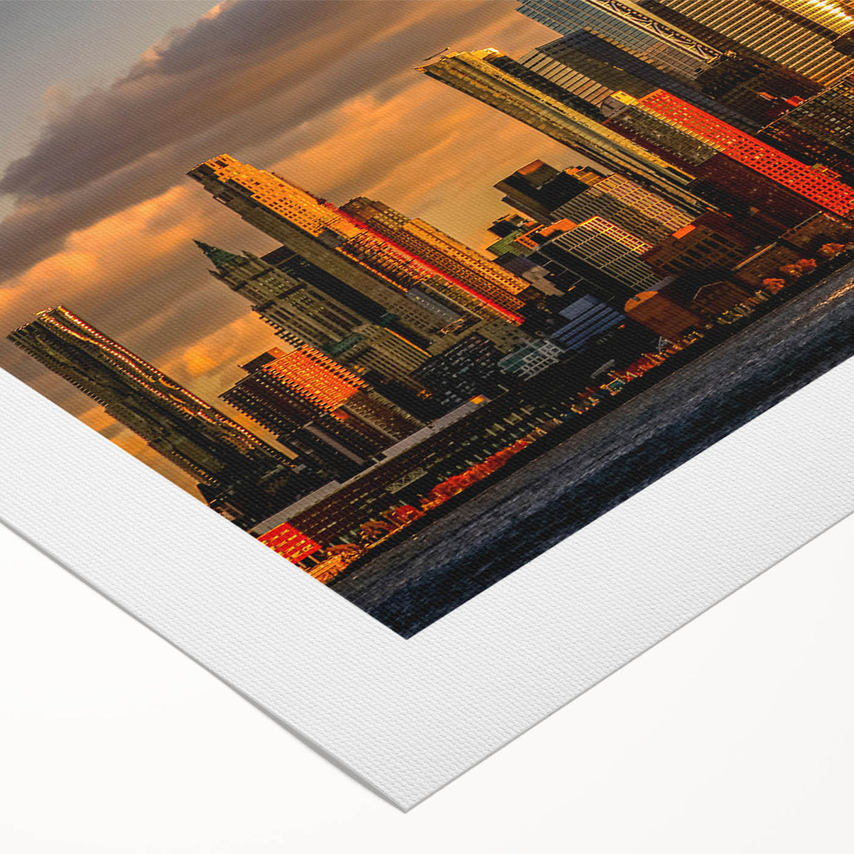 Art deco poster of NYC skyline with muted gray and blue tones on rolled canvas, ideal for dining room wall art.