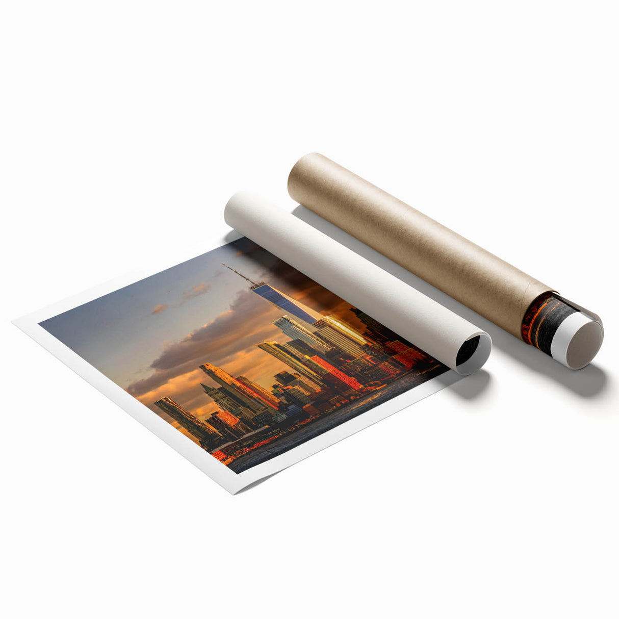 Extra large rolled print of New York City skyline with muted gray and blue tones, ideal for classy bathroom wall art.