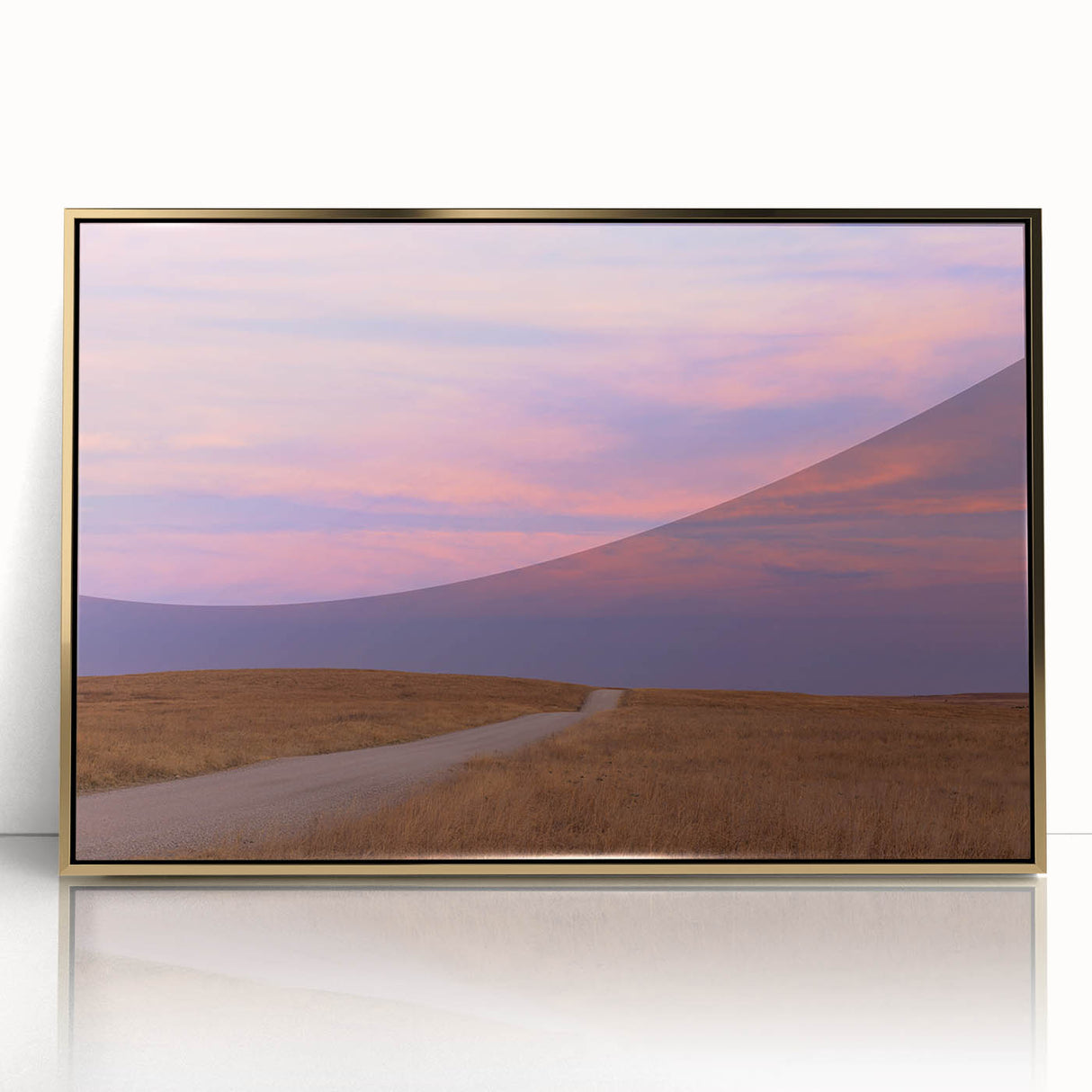 Large art print of Oklahoma scenery in muted gold and green tones, acrylic framed, ideal for modern nursery decor.