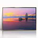 Large art print of Cannon Beach, Oregon, in muted earth tones on a framed acrylic, suitable for modern nursery decor.