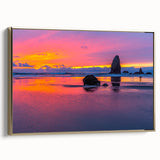 Framed canvas depicting Cannon Beach in Oregon with muted earth tones, ideal for bedroom wall art.
